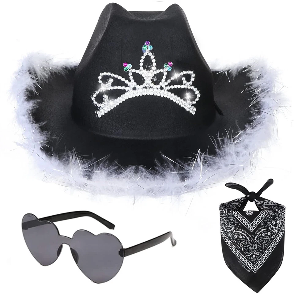 3pcs Cowgirl Hat Headscarf Glasses Set Western Party Costume Cosplay Cowboy Hat - Image 2 of 4