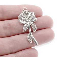5 Silver Long Stem Rose Pendants, Large Metal Flower Charms For Jewelry & Crafts