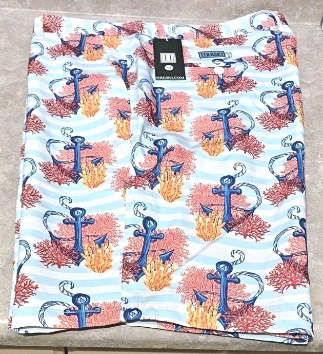 Hreski-Mens White/Blue Strip Anchor Print, Plain Front Athletic Shorts-(42) NWT!