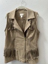 Chico's Faux-Suede Fringe Open Front Jacket Vest Tan Brown Size 1