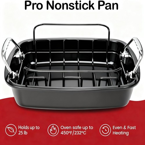 Large Nonstick Roasting Pan Kit Rack 17x13 Inch - Includes Baster Pastry Brush - Picture 5 of 9