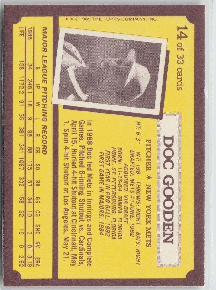 1989 Topps Kay-Bee Superstars of Baseball #14 Doc Gooden - Image 2 of 2