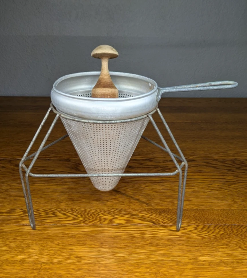 Vintage Mirro Fine Aluminum Food Mill Cone Sieve Colander w/ Wood Pestle & Stand