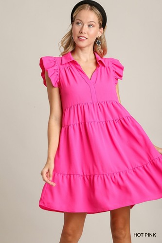 Umgee Hot Pink Tiered Short Dress with Collar and Flutter Sleeves