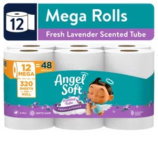 Angel Soft 2-Ply Toilet Paper, Fresh Lavender Scented Tube, 12 Mega Rolls