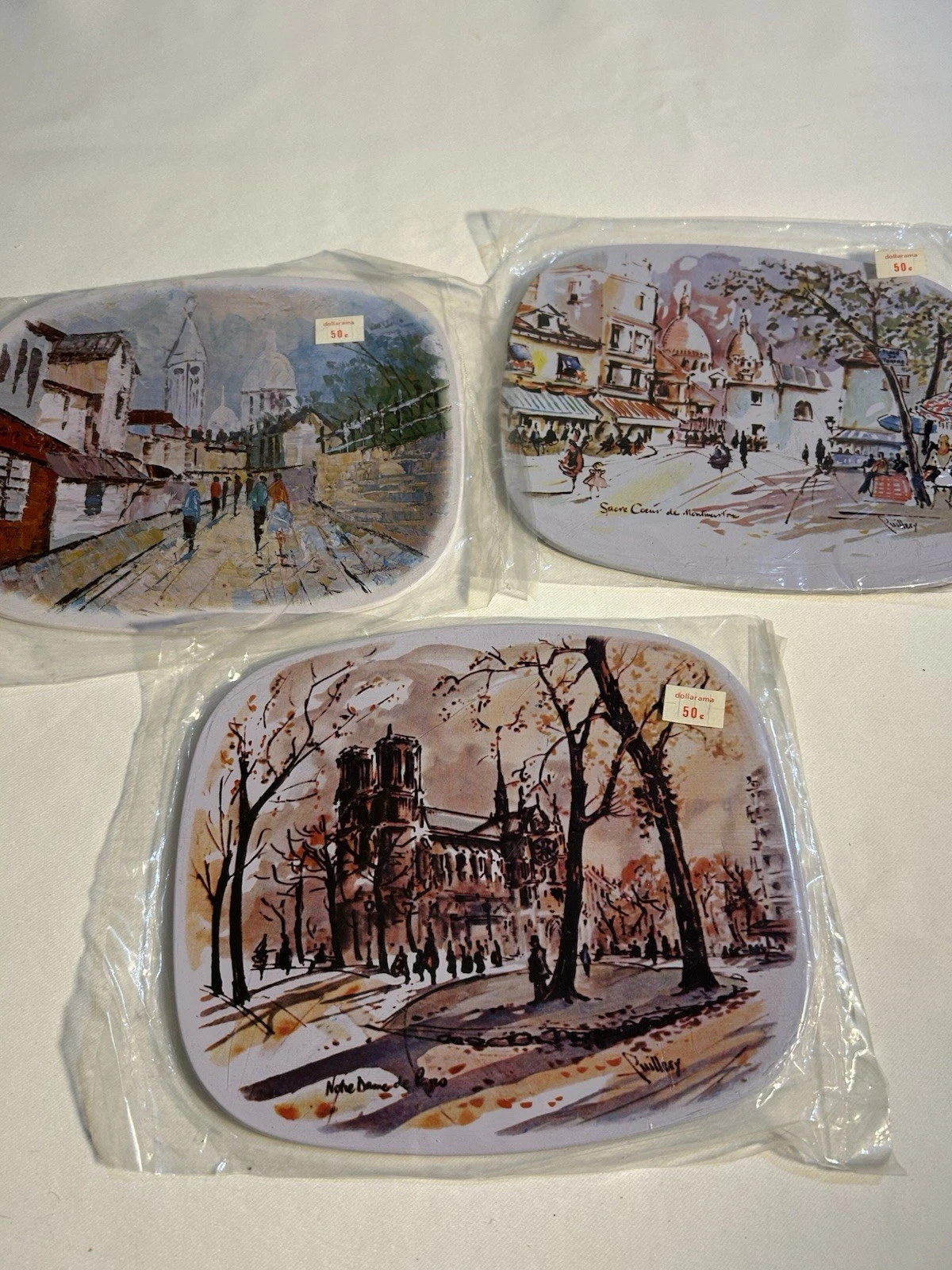 Vintage 1960s MCM Puillery Paris Scenes Trivets Set of 3 Action HK NOS Sealed - product detail image 1