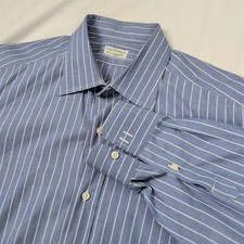 Luigi Borrelli Cuzzens Mens Blue White Striped Cotton Dress Shirt 17 43 Italy