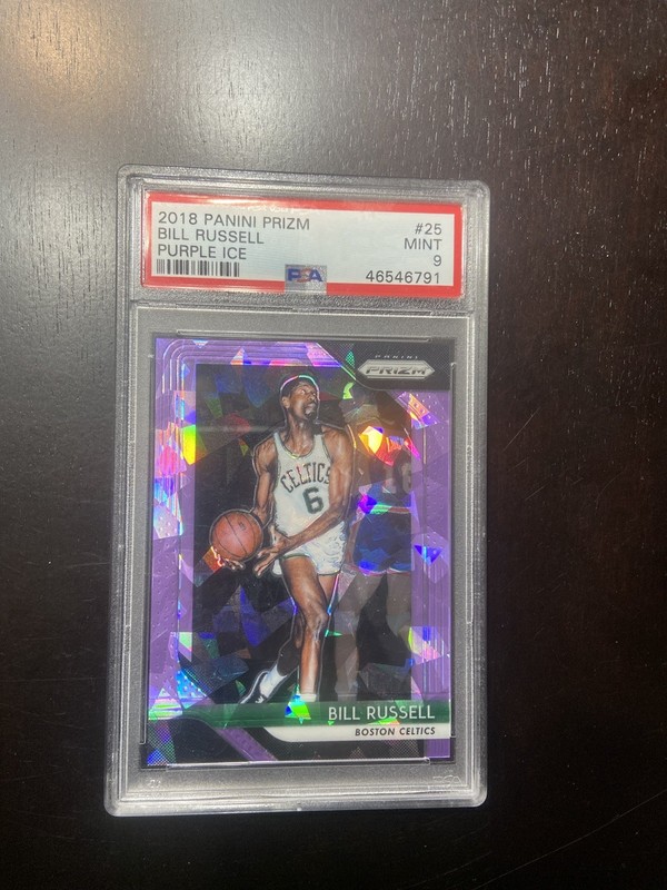 2018-19 Prizm Bill Russell Purple Cracked Ice /149 #25 Boston Celtics PSA 9