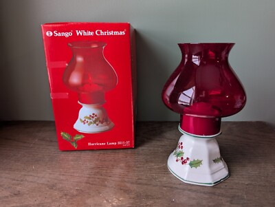 Sango Christmas Ivy Hurricane Lamp Candle Holder Red Glass Shade w/ Box Unused