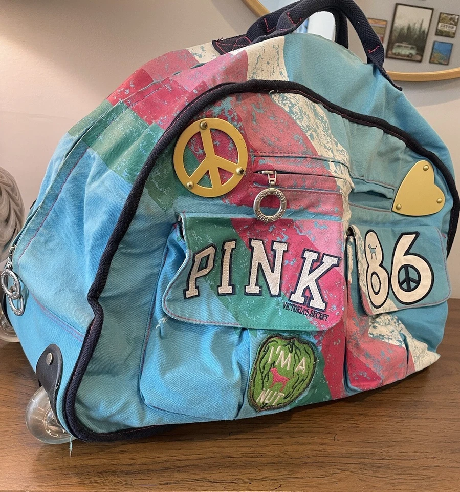 Bolso de Lona Rodante Vintage Victoria's Secret 86 PEACE LOVE PINK Equipaje Foto 2 de 4