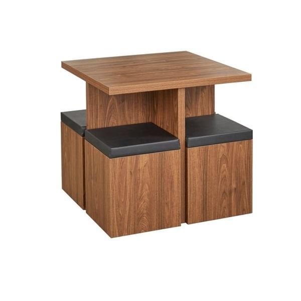 Dining Set Table With 4 Storage Ottomans 5 Piece Dining Set Brown Walnut Finish