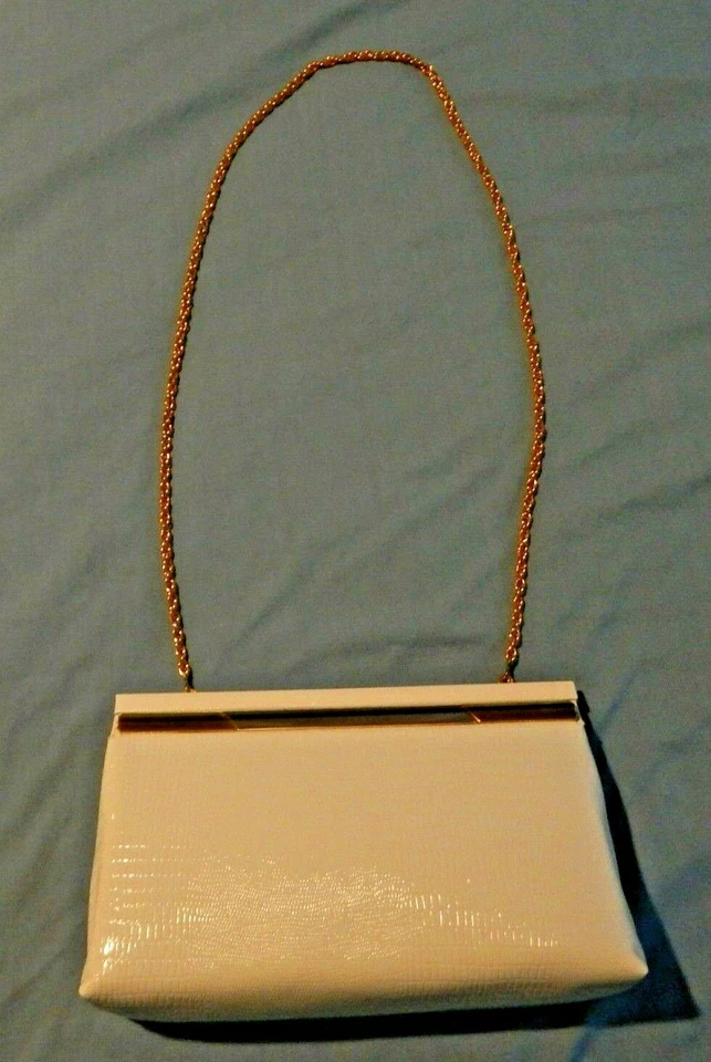 Vintage '60s Harry Levine HL White Clutch Handbag Purse Brass Chain USA NEW - Image 2 of 3