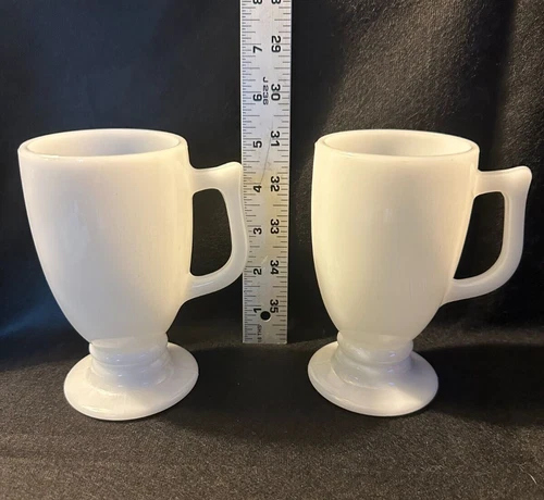White Milk Glass Vintage Federal Glass Irish Pedestal Coffee Mugs Set of 2
