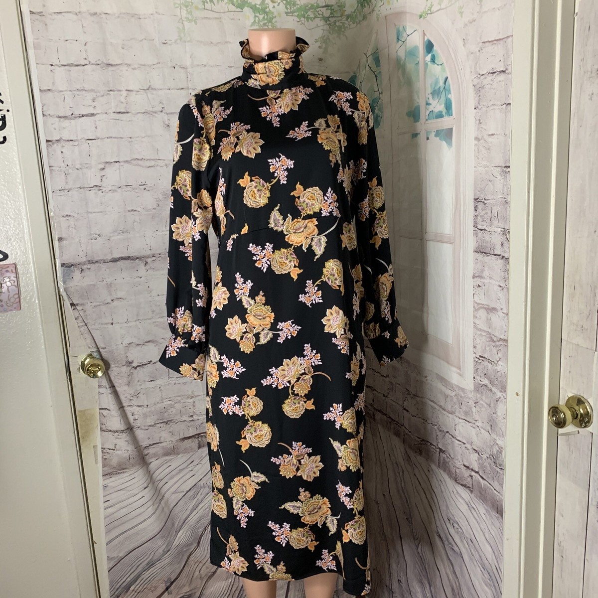 who what wear dress Women SZ Medium Black Ruffles Floral Long Sleeves High Neck Color:English-Rose 2_13 Pool Color Bridesmaid Dresses Fashion