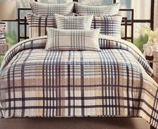 MAX STUDIO WHITE TAN BLACK TARTAN PLAID KING QUILT SET W / SHAM 3 PIECE