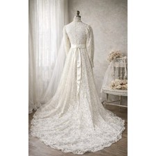 VTG 1960s 70s Ivory Lace Empire Waist Wedding Gown Prairie Train Veil