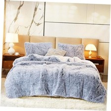 Luxury Faux Fur Shaggy Comforter Set King Size, King 100"x86" Grey With White