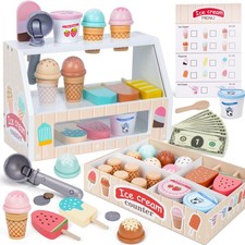 Wooden Ice Cream Playset for Kids - Pretend Kitchen Toys Ages 3-8