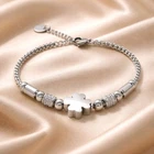 WOMEN'S STAINLESS STEEL BEADED BRACELET SHAMROCK SILVER CUBIC ZIRCONIA