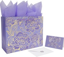 Large Rose Purple Gift Bag Set with Greeting Card and Tissue Paper for Birthdays