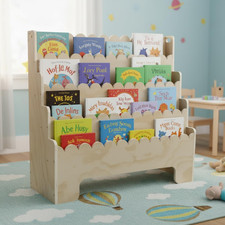Kids Bookshelf 4-Tier, Natural Wood Children'S Bookshelf, Scalloped Toddler Book