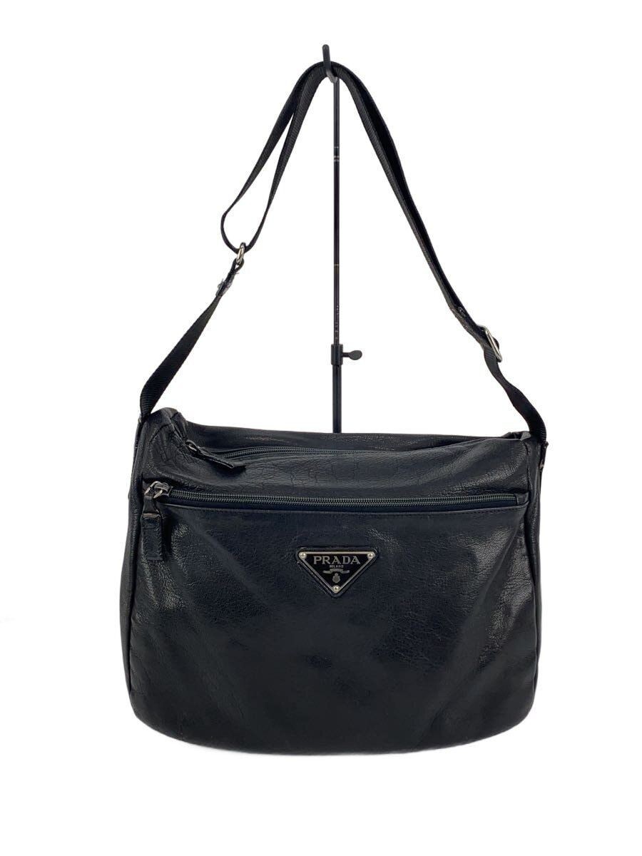PRADA Shoulder Bag Triangular Logo Plate Leather BLK Used