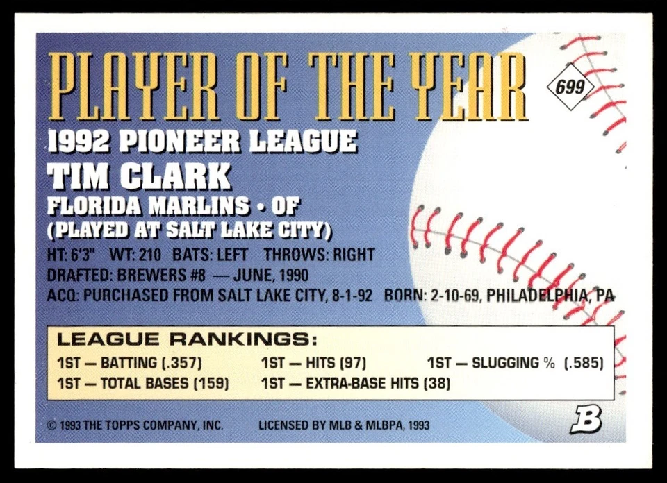 1993 Bowman Foil Tim Clark Rookie Florida Marlins #699 - Image 2 of 2