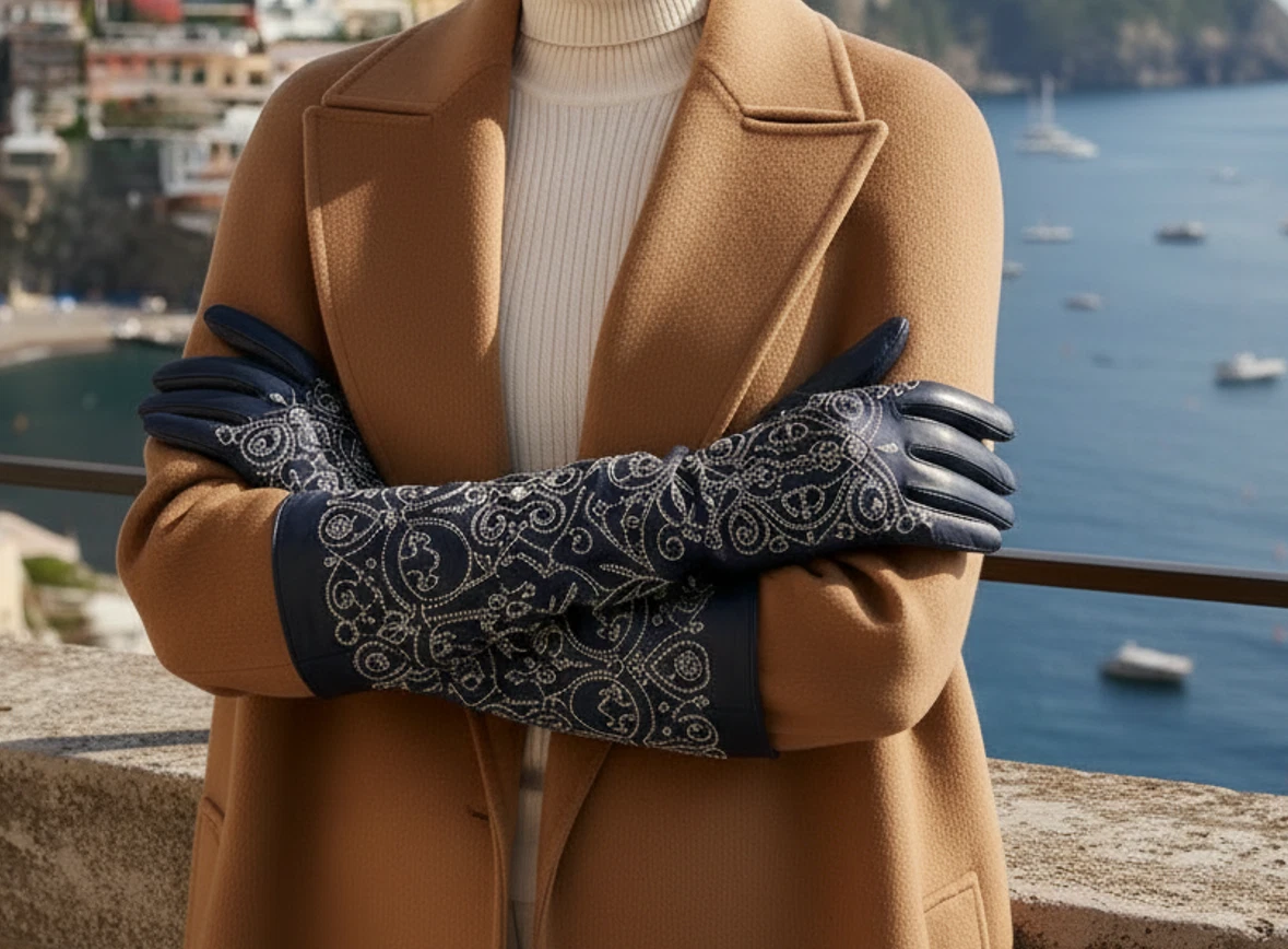 Women’s Long Leather Gloves with Embroidered Detail for Winter Wear