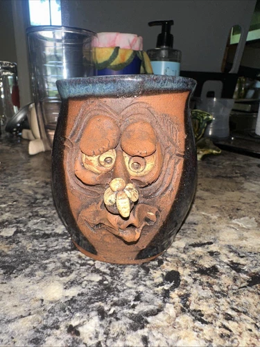 Vtg Ugly Face Mug Signed Horseleg Creek Pottery ’84 Cup Stoneware Folk Art Blue