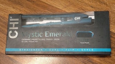 New CHI Mystic Emerald Ceramic Hairstyling Travel Iron Straighten Curl W/Pouch