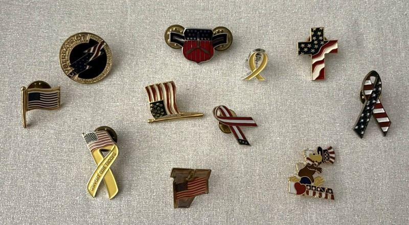 Patriotic Lapel Pin Lot USA Flag Ribbon & Cross Designs Gold-Tone Enamel Finish