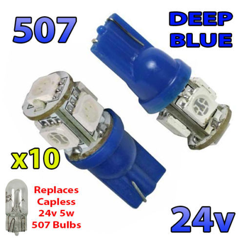 10x 24V 507 Blue LED Bulbs - W5W T10 Capless Wedge For Truck Markers & Interior (Valley Lighting)