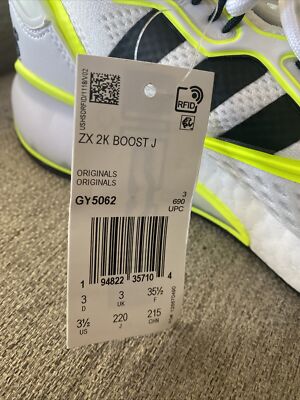 Adidas ZX 2K Boost J White & Volt Athletic Training Shoes Sz 3.5