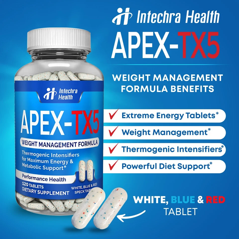 Píldoras de dieta para controlar el peso APEX TX5 con Ultra Energy 120 tabletas blancas/azules Foto 3 de 4
