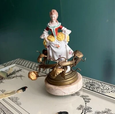 Vintage German Porcelain Lady Figurine Lamp Gilt Brass Floral Vines Rococo Style - Image 1 of 4