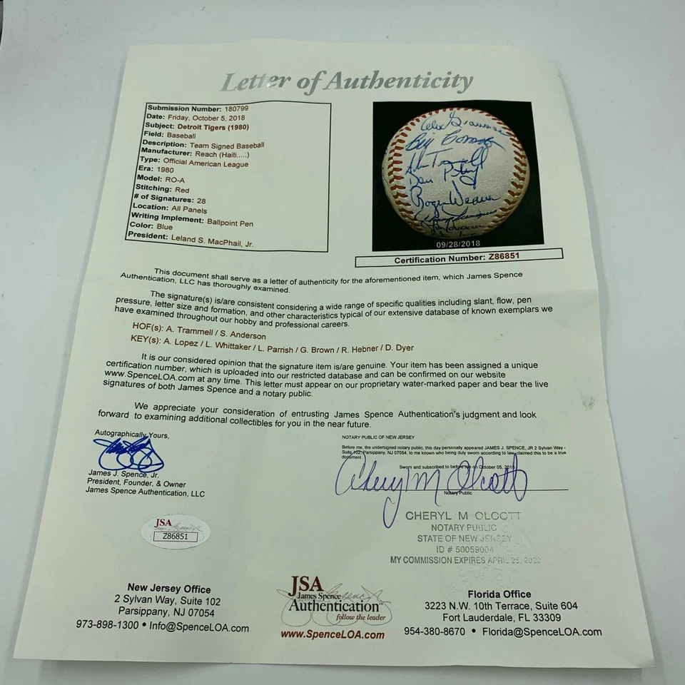 1980 Detroit Tigers Team Signed Baseball 28 Sigs Sparky Anderson Trammell JSA - Image 4 of 4
