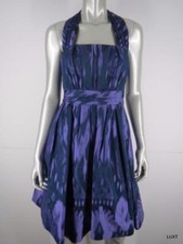 Kay Unger Halter Dress NEW Size 4 S Purple Blue Ikat Sleeveless Ruched Fit Flare