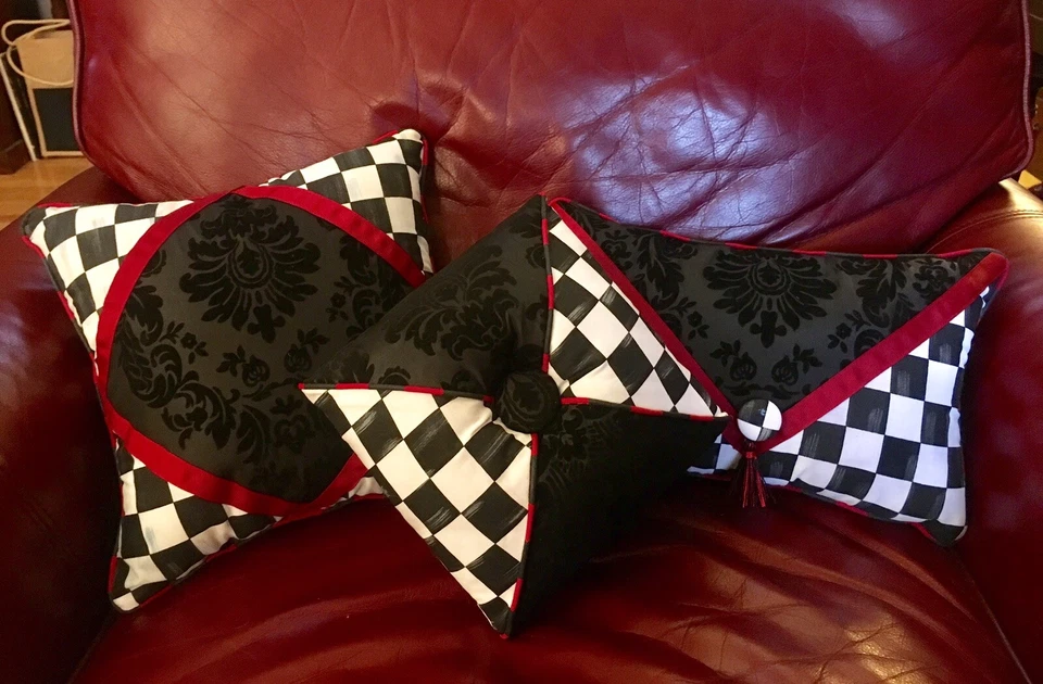 Black Damask Burgundy Envelope Pillow Mackenzie Childs Napkin - Image 2 of 4