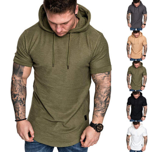 Mens Plain Muscle Hooded Hoodies Short Sleeve T-shirt Sports Gym Slim Fit Tops - Picture 1 of 15