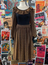 Vintage Womens 70s Brown Black Metallic Flounce Scoop Neck Top  Skirt Set Coord