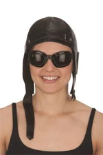 AVIATOR HELMET GOGGLES PILOT STEAMPUNK VINTAGE WWII FIGHTER COSTUME HAT BLACK