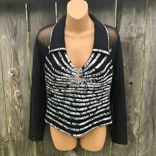 Victor Costa Occasion Top Illusion Sleeves Rhinestones Black White Womens Size M