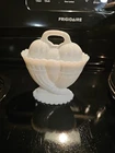 VINTAGE  MILK GLASS COVERED CANDY DISH, INTERTWINED PAIR OF CORNUCOPIA