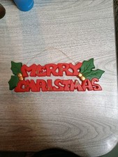 Vintage Molded Plastic Merry Christmas Sign Holly 14" x 5"