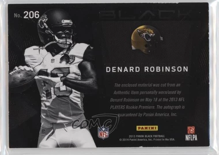 2013 Panini Black Signatures Materials Prime /299 Denard Robinson #206 Rookie RC - Image 2 of 2