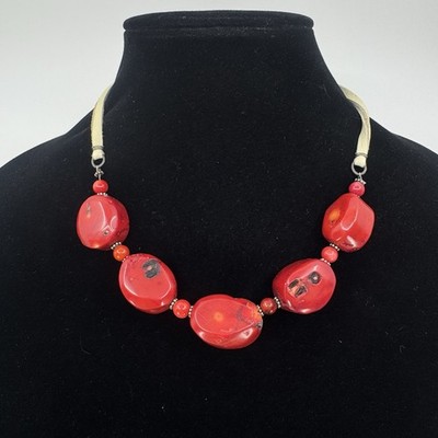 Barse Sterling Silver Chunky Red Bamboo Coral Leather Cord Necklace 18 