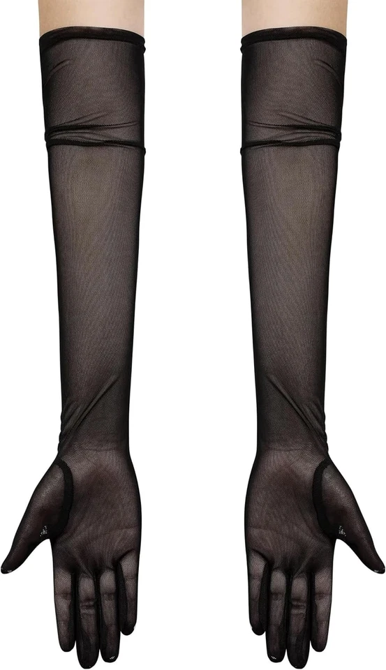 Hazhlko Mujer Largo Elástico Malla Tul Transparente Guantes Disfraz Boda Negro  Foto 2 de 4