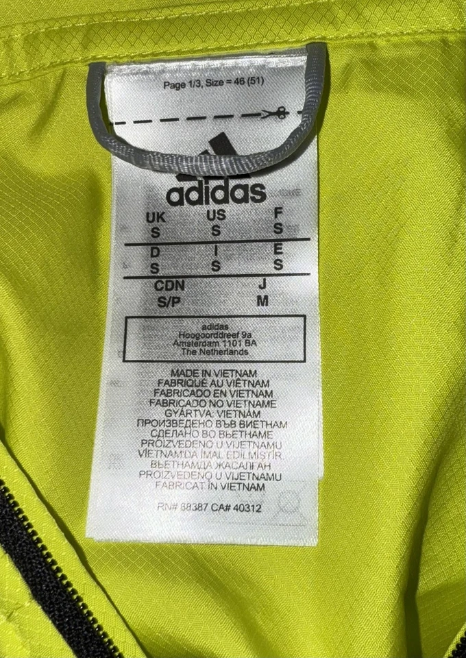 Adidas Jacket Mens Small Yellow Hooded Windbreaker Full Zip Reflective 3-Stripes - Image 3 of 3