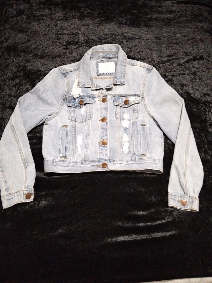 Cotton On "91" Women's Size 10 Distressed Blue Denim Bomber Jacket