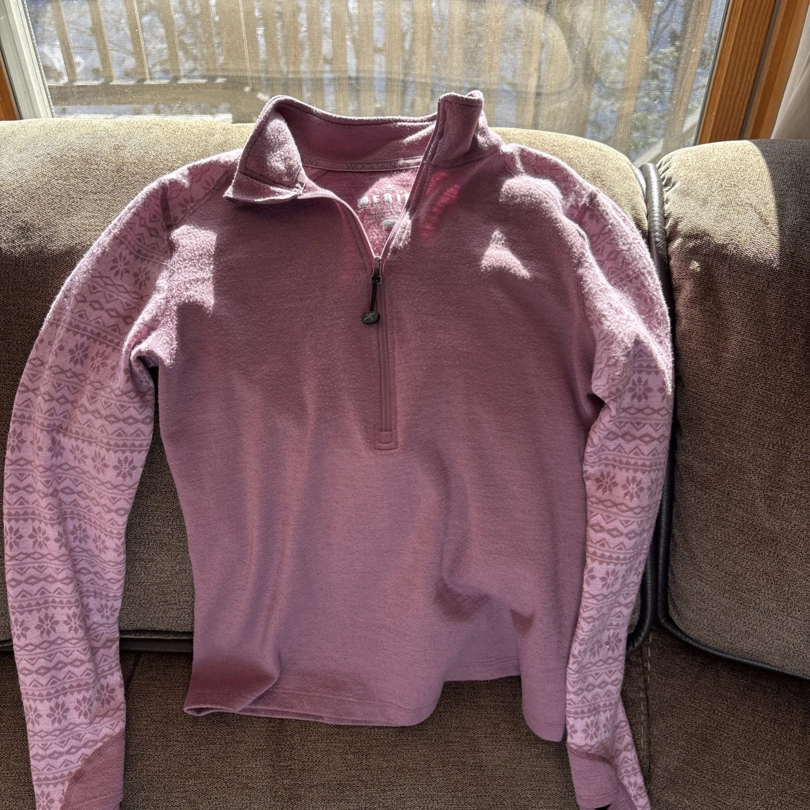 Terramar Merino Woolskins 1/4 Zip Pullover Thumb Hole Top Pink Snowflake S
